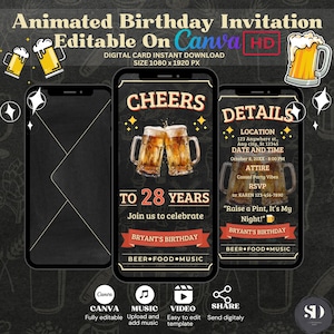Cheers & Beers Birthday Invitation–Editable Pub Party Template, Digital Beer Party Invite, Customizable 30th 40th 50th Birthday Celebration.