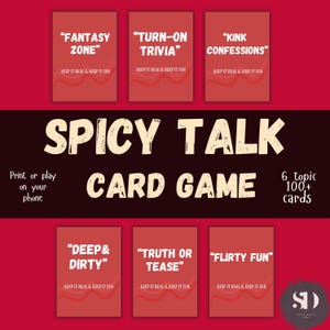 May include: A card game called "Spicy Talk" with six topics, such as "Fantasy Zone" and "Turn-On Trivia." The game has over 100 cards and can be played on a phone. The cards are red with white text.
