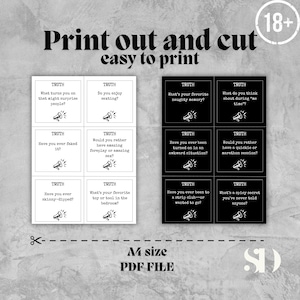 Op de afbeelding: Printbare waarheid of durf spelkaarten in zwart en wit. De kaarten bevatten verschillende vragen, met het woord "TRUTH" bovenaan. De tekst "Print out and cut easy to print" staat bovenaan. Het bestand is A4 formaat PDF.