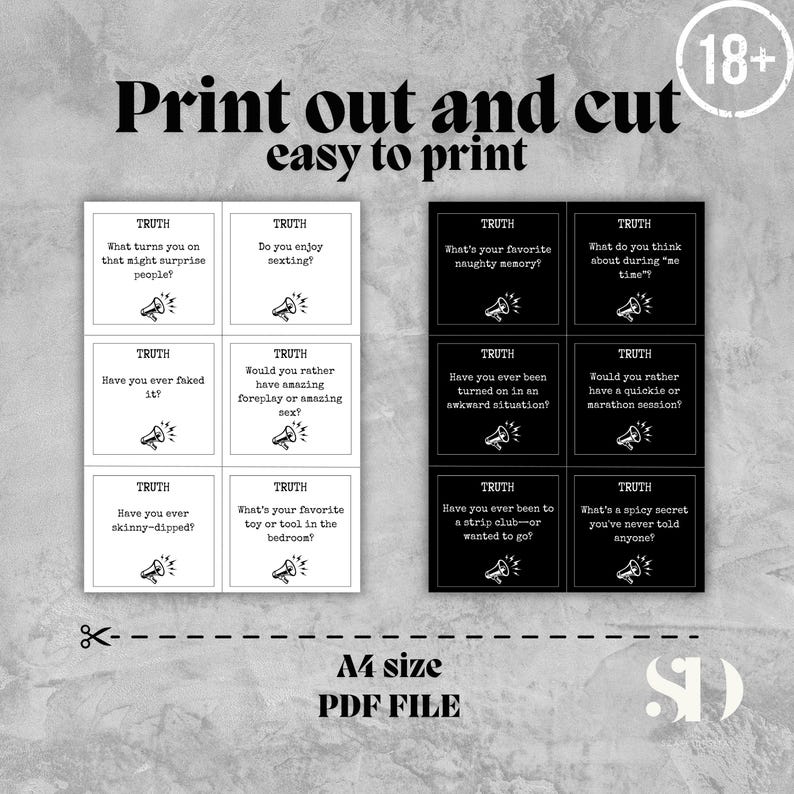 Op de afbeelding: Printbare waarheid of durf spelkaarten in zwart en wit. De kaarten bevatten verschillende vragen, met het woord "TRUTH" bovenaan. De tekst "Print out and cut easy to print" staat bovenaan. Het bestand is A4 formaat PDF.