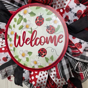 Handmade Ladybug Welcome Wreath - Spring and Summer Decor, Red and Black Mesh Wreath, Front Door Decoration, Ladybug Themed Wreath