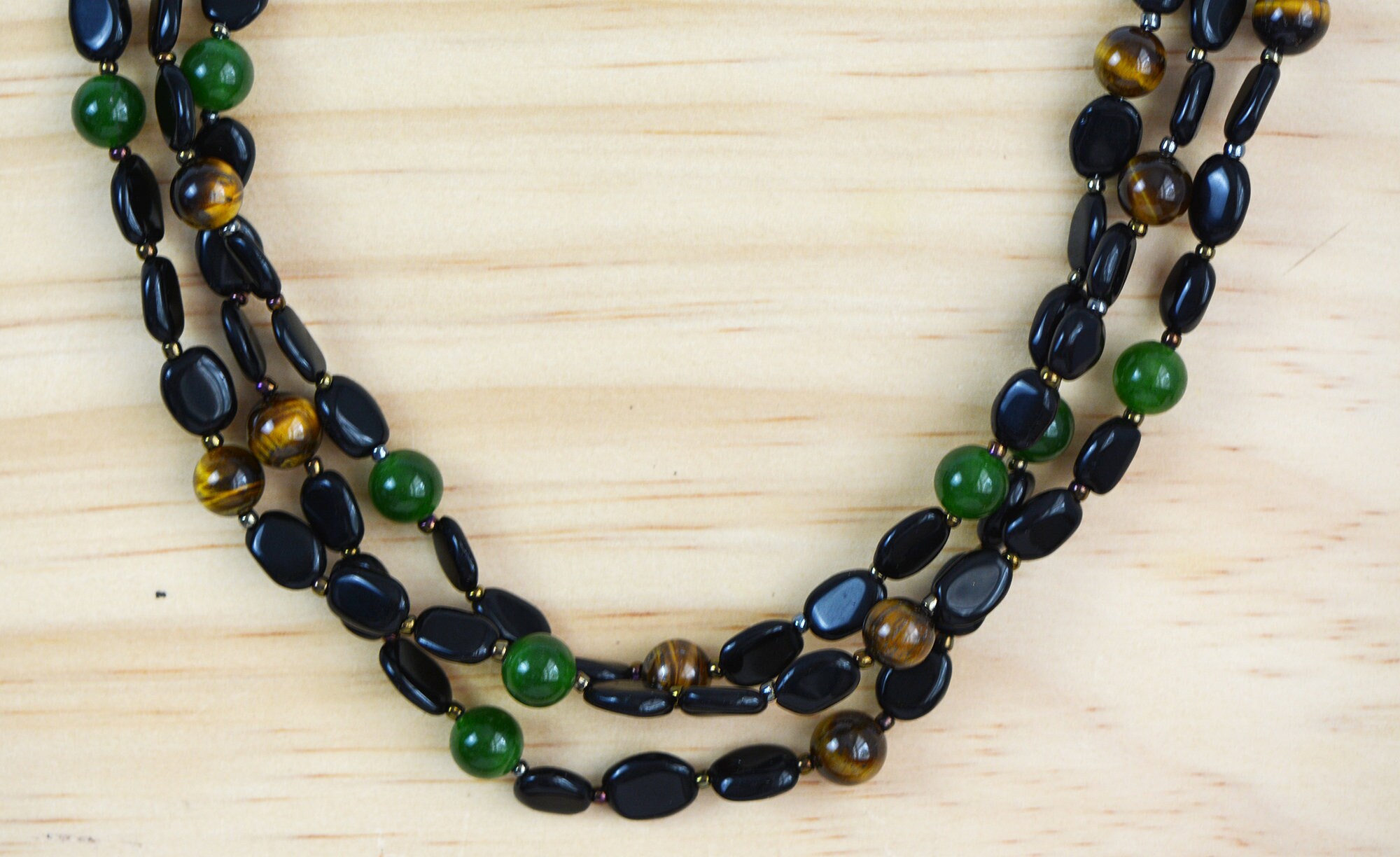 Collana Lunga In Agata Nera E Occhio Di Tigre – Perline Naturali Multicolore 36 Pollici Fatta A Mano