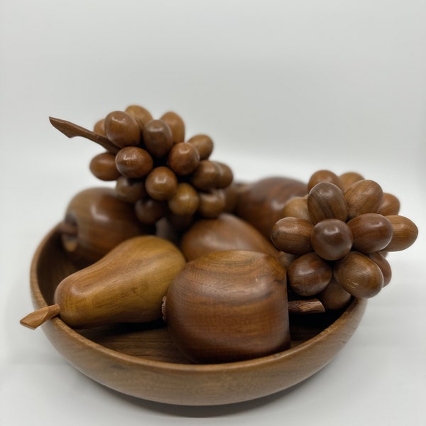 Mid Century Modern Wooden Fruit Bowl with Grape Clusters, Pears, and Apples - Monkey Pod Wood - 10 Inches-Retro Kitchen