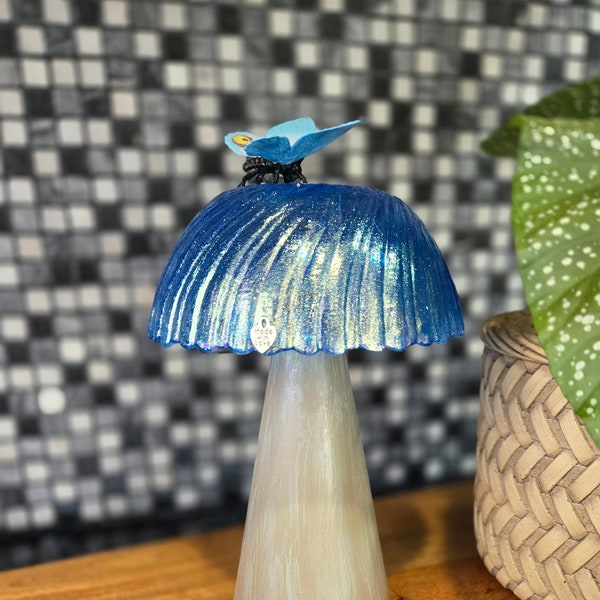 Mushroom made from Upcycled Glassware.  Blue Shimmer Cap with Blue Butterfly.