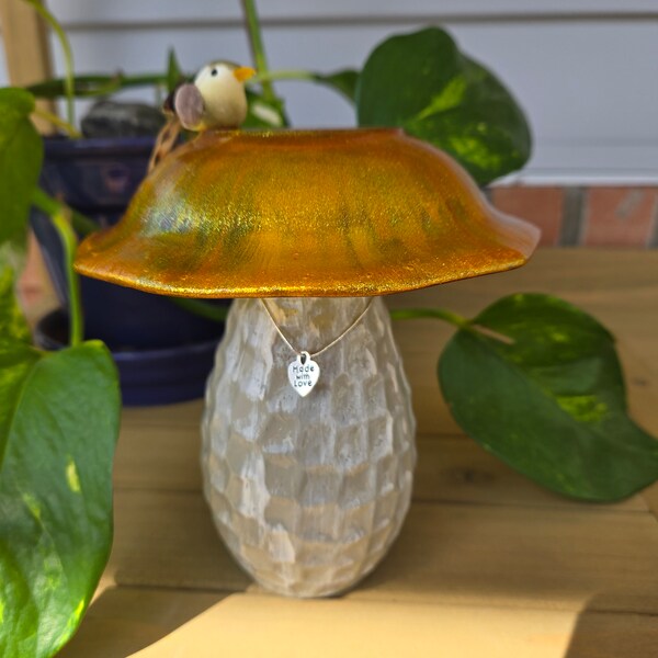 Mushroom Figuerine made from Upcycled Glassware. Mushroom With Sunshine Shimmer Cap and Little Bird.