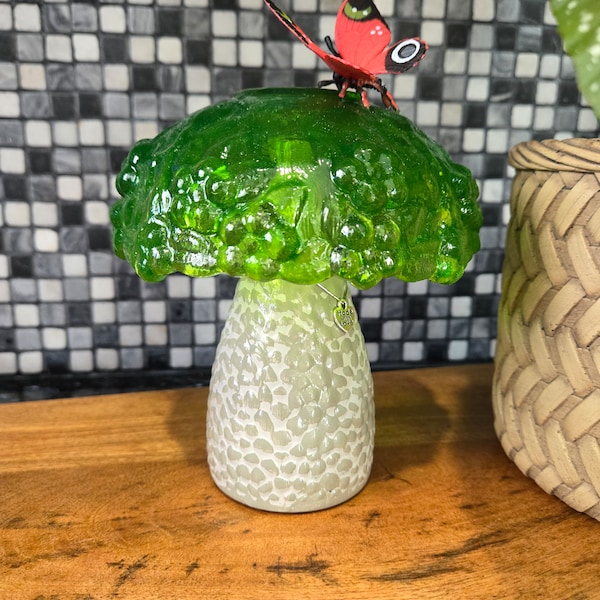 Mushroom Figuerine made from Upcycled Glassware 7.5" Green Cap with Orange Butterfly