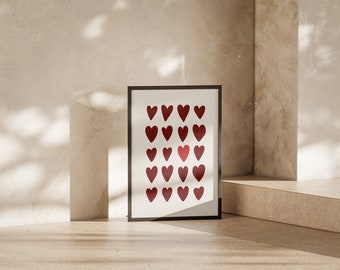 Red hearts wall art, red heart art print, love poster, valentine's day art, printable wall art, trendy wall decor, aesthetic hearts wall art