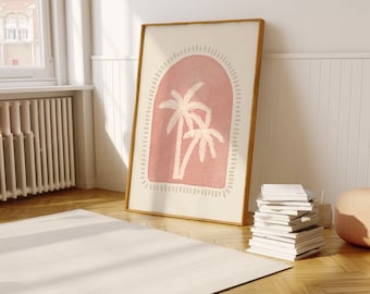 Coastal wall art, tropical summer wall art, palm trees printable poster, beachy printable art, pink wall art, pink art print, watercolor art