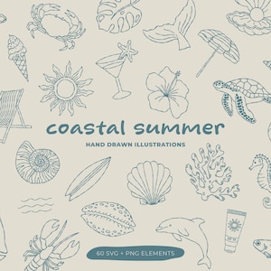 Ícones de verão costeiros desenhados à mão, 60 elementos vetoriais de arte de praia e ilustrações clipart, pacote de arquivos digitais SVG e PNG costeiros
