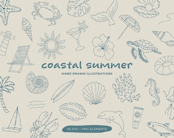 Iconos costeros de verano dibujados a mano, 60 elementos vectoriales de arte lineal de playa e ilustraciones prediseñadas, paquete de archivos digitales SVG y PNG costeros
