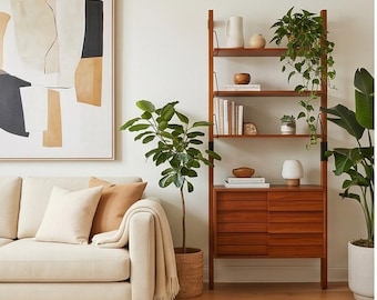 Ladder Bookshelf with Storage Cabinet 6 Tier Wooden Bookcase Open Display Rack for Living Room Bedroom Home Office Space Saving