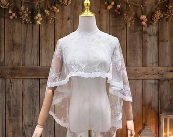 Elegant Floral Lace Wedding Cape Sheer Bridal Cape Veil Soft Tulle Lace Applique Wedding Shoulder Cover Up for Bride Wedding Accessories