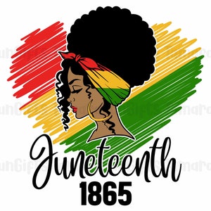 May include: A black and white illustration of a woman with an afro wearing a red, yellow and green head wrap. The woman is in profile and has a gold hoop earring. The background is a heart shape with red, yellow and green stripes. The text "Juneteenth 1865" is below the woman.
