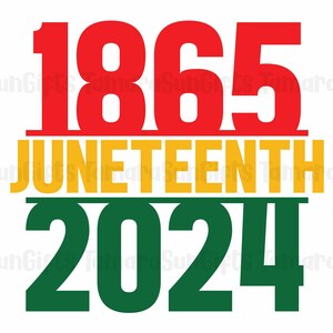 以下が含まれることがあります： 赤、黄、緑のグラフィックで、「1865 Juneteenth 2024」というテキストが書かれています。