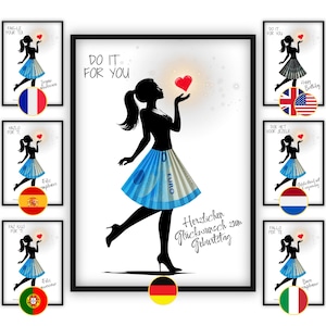 Pode incluir: Uma impressão de arte emoldurada com uma silhueta preta de uma mulher segurando um coração vermelho, com o texto "DO IT FOR YOU". A saia da mulher é projetada com um padrão azul e branco. Pequenas impressões emolduradas com bandeiras circundam a imagem principal.