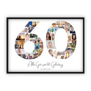 Könnte beinhalten: Ein gerahmtes Foto-Collage in einem schwarzen Rahmen mit weißem Hintergrund. Die Zahl 60 wird mit Fotos von Menschen und Tieren gebildet. Der Text "Alles Gute zum 60. Geburtstag 09. Mai 1964" befindet sich unterhalb der Collage.