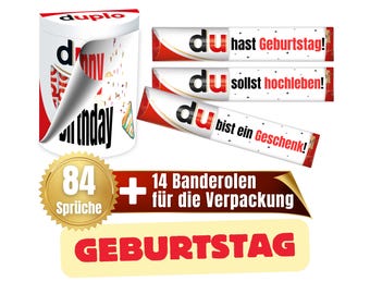 Puede incluir: Un conjunto de 14 etiquetas de papel de regalo de cumpleaños rojas y blancas con el texto "du hast Geburtstag!" "du sollst hochleben!" y "du bist ein Geschenk!" Las etiquetas se empaquetan con un rollo de papel de regalo. La imagen también incluye una pegatina dorada con el texto "84 Sprüche" y una pancarta amarilla con el texto "GEBURTSTAG".