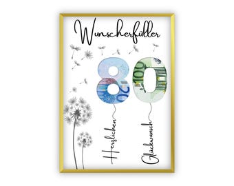 Geldcadeau voor je 80ste verjaardag | A4 | Creatief geld weggeven | wensvervuller | Last minute cadeau om zelf te printen | Pdf
