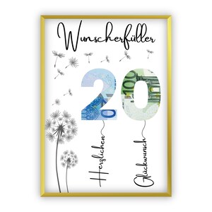 Cash gift for 20th birthday | A4 | Give money creatively | Wish fulfiller | Last-minute gift to print yourself | PDF