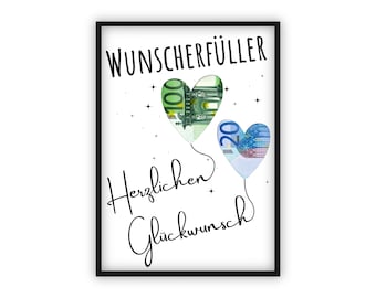 Money gift for birthday Give money creatively | Wish fulfiller | Heart balloon | Last-minute gift to print yourself | PDF