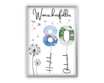 Geldcadeau voor een 80e verjaardag | A4 | Creatieve geldcadeaus | Wensenvervullende cadeaus | Last-minute cadeau om zelf af te drukken | PDF
