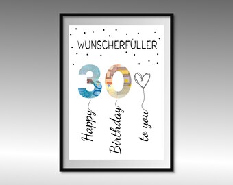 Geldgeschenk Geburtstag | A4 | Wunscherfüller | Geld kreativ verschenken | 30. Geburtstag | Last-Minute Geschenk zum Selbstdrucken | PDF