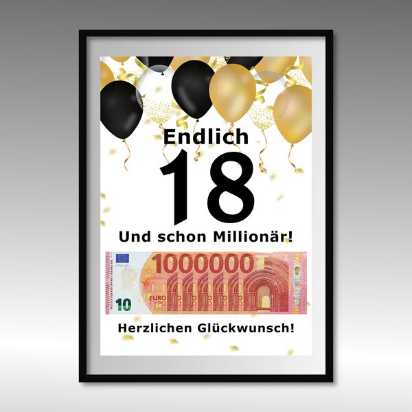 Anniversaire cadeau d’argent | A4 | Donnez de l'argent de manière créative | 18e anniversaire | Cadeau de dernière minute à imprimer soi-même | PDF