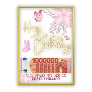 Birthday money gift | A4 | Give money creatively | Your first million | Pink flowers | Butterflies | PDF