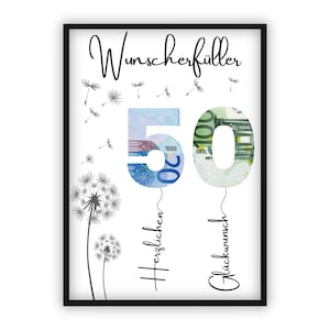 Regalo en efectivo para el 50 cumpleaños | A4 | Cumplidor de deseos La edad se puede personalizar | Regalo de última hora para imprimir tú mismo | PDF