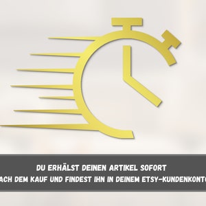 May include: A gold stopwatch with a white background. The stopwatch has a needle pointing to the right. The text "DU ERH&Auml;LST DEINEN ARTIKEL SOFORT NACH DEM KAUF UND FINDEST IHN IN DEINEM ETSY-KUNDENKONTO!" is below the stopwatch.