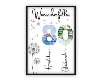 Geldcadeau voor je 80ste verjaardag | A4 | Creatief geld weggeven | wensvervuller | Last minute cadeau om zelf te printen | Pdf