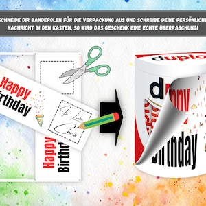 May include: A white box with a red and white label that says "duplo" and a white sticker that says "Happy Birthday" with confetti and party hats. The sticker is partially peeled back to reveal the box underneath.
