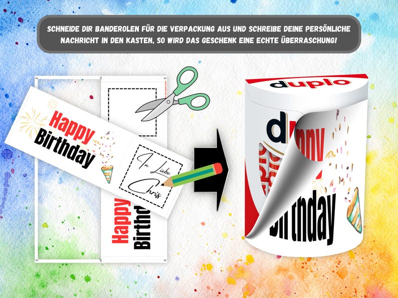 May include: A white box with a red and white label that says "duplo" and a white sticker that says "Happy Birthday" with confetti and party hats. The sticker is partially peeled back to reveal the box underneath.