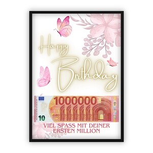 Birthday money gift | A4 | Give money creatively | Your first million | Pink flowers | Butterflies | PDF
