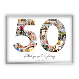 Pode incluir: Uma moldura branca com uma colagem de fotos de uma comemoração de aniversário de 50 anos. Os números 50 são feitos de fotos de pessoas e o texto "Alles Gute zum 50. Geburtstag 09. Mai 1974" está abaixo dos números.