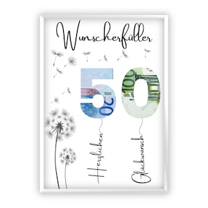 Geldcadeau voor een 50e verjaardag | A4 | wensvervuller | Leeftijd kan worden aangepast | Last minute cadeau om zelf te printen | Pdf