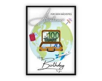 May include: A birthday card with a globe, a suitcase full of money, and a plane. The card says "Happy Birthday to you" and "For your next adventure".