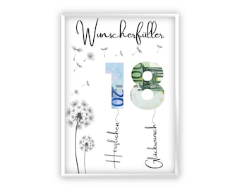 Cumpleaños de regalo de dinero | Regala dinero de forma creativa | 18 cumpleaños | cumplidor de deseos | Regalo de última hora para imprimir tú mismo | PDF