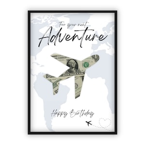 Fonds de voyage cadeau en argent pour anniversaire | Voyage | Joyeux anniversaire | Avion | Voyage de vacances aventure | Cadeau auto-imprimable de dernière minute