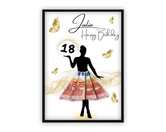 May include: A birthday card with a silhouette of a woman holding a circle with the number 18 in it. The woman is wearing a skirt made of euro bills. The card has the text "Julia Happy Birthday" and gold butterflies.