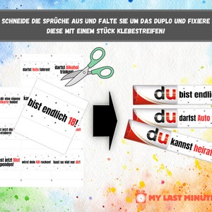 May include: A set of three red and white labels with the text "du" and different phrases in black. The phrases are "du bist endlich 18!" (You are finally 18!), "du darfst Auto fahren!" (You are allowed to drive a car!), and "du kannst heiraten!" (You can get married!).