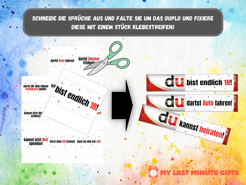 May include: A set of three red and white labels with the text "du" and different phrases in black. The phrases are "du bist endlich 18!" (You are finally 18!), "du darfst Auto fahren!" (You are allowed to drive a car!), and "du kannst heiraten!" (You can get married!).