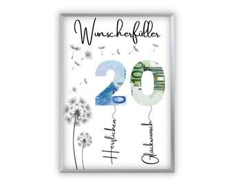 Cash gift for 20th birthday | A4 | Give money creatively | Wish fulfiller | Last-minute gift to print yourself | PDF