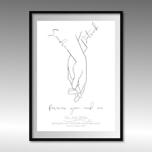 Pode incluir: Impressão em preto e branco de arte de linha de duas mãos que se seguram com os nomes "Sandra" e "Patrick" escritos acima. O texto "forever you and me" está escrito abaixo das mãos, com a data "04. Juli 2024" e a mensagem "Alles gute zur Hochzeit wünschen euch Leonard & Chris" abaixo.