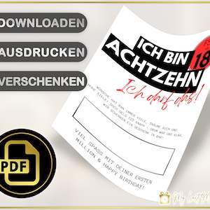 Puede incluir: Tarjeta de cumplea&ntilde;os imprimible para un 18 cumplea&ntilde;os con el texto "Ich bin Achtzehn! Ich darf das!" en negro y rojo. La tarjeta tiene un fondo blanco y un borde negro y blanco. El texto "Viel Spass mit deiner ersten Million & Happy Birthday!" est&aacute; impreso en la parte inferior de la tarjeta.