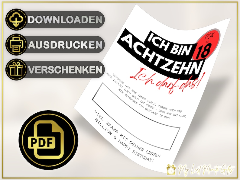 Puede incluir: Tarjeta de cumplea&ntilde;os imprimible para un 18 cumplea&ntilde;os con el texto "Ich bin Achtzehn! Ich darf das!" en negro y rojo. La tarjeta tiene un fondo blanco y un borde negro y blanco. El texto "Viel Spass mit deiner ersten Million & Happy Birthday!" est&aacute; impreso en la parte inferior de la tarjeta.