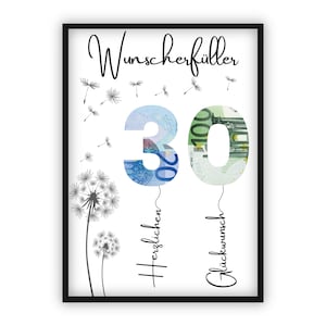 Cash gift for 30th birthday | A4 | Give money creatively | Wish fulfiller | Last-minute gift to print yourself | PDF