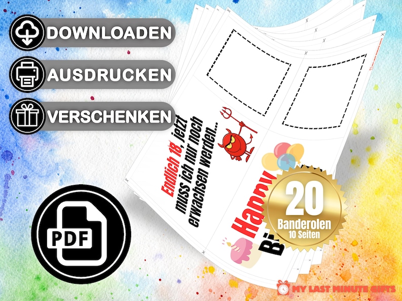May include: Printable 20-page birthday banner with the text "Endlich 18, jetzt muss ich nur noch erwachsen werden..." and a cartoon devil with a red tail and a pitchfork. The banner also includes the text "Happy Birthday" and a cupcake with a candle.