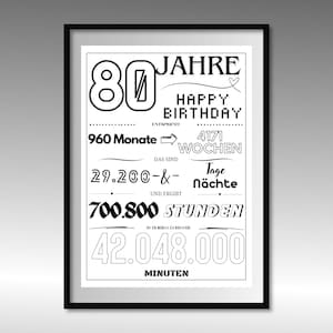 Puede incluir: Póster imprimible en blanco y negro con el texto "80 Jahre Happy Birthday" y un desglose de 80 años en meses, semanas, días, horas y minutos.