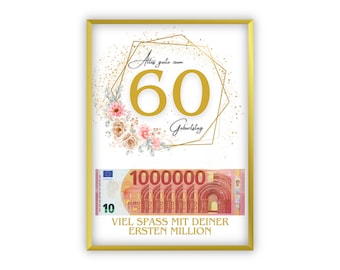 Cash gift for 60th birthday | Gift idea for him and her | Your first million | Last-minute gift to print yourself | PDF